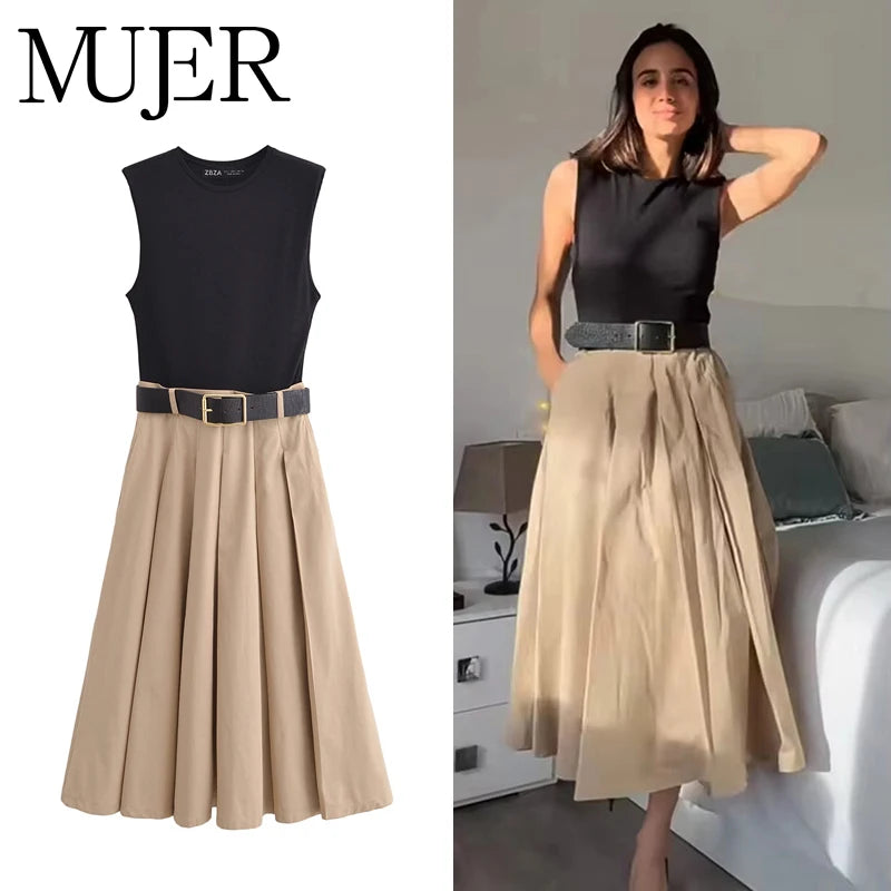 DAMEN 2025 Damenkleider Gürtel Faltenrock Midi-Kleid Damen Ärmelloses Sommerkleid Damen Gestrickte Partykleider für Damen Sonnenkleid