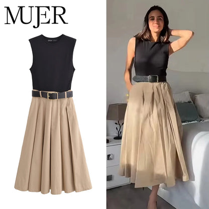 DAMEN 2025 Damenkleider Gürtel Faltenrock Midi-Kleid Damen Ärmelloses Sommerkleid Damen Gestrickte Partykleider für Damen Sonnenkleid