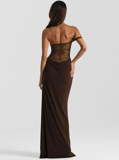 Mozision One Shoulder Spitzenkleid transparent Sexy Maxikleid Damen Abendkleid Mode Off-Shoulder Ärmellos Rückenfrei Club Lange Kleider