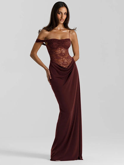 Mozision One Shoulder Spitzenkleid transparent Sexy Maxikleid Damen Abendkleid Mode Off-Shoulder Ärmellos Rückenfrei Club Lange Kleider