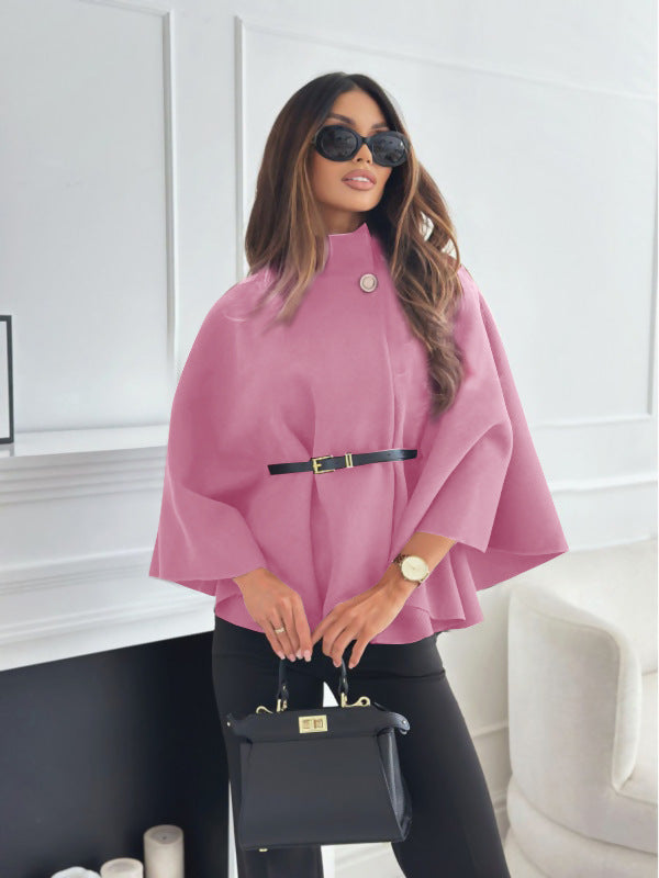 Stand-up collar, batwing sleeves, cape top, belt, fashionable, spirited jacket