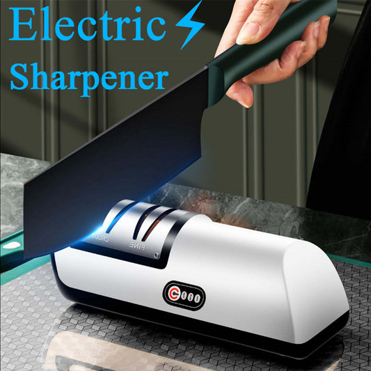 Rechargeable electric knife sharpener with USB connection, automatically adjustable, kitchen helper for quickly sharpening knives, scissors and grinding machines