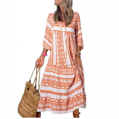 Vintage Print Boho Stil Elegant V-Ausschnitt Kleid