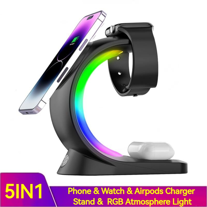 4-in-1 Magnetic Wireless Charger with Fast Charging Function for Smartphones, Charging Station with Ambient Lighting for AirPods Pro, iPhone and Smartwatch