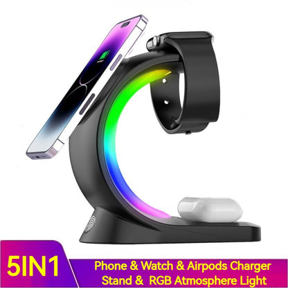 4-in-1 Magnetic Wireless Charger with Fast Charging Function for Smartphones, Charging Station with Ambient Lighting for AirPods Pro, iPhone and Smartwatch