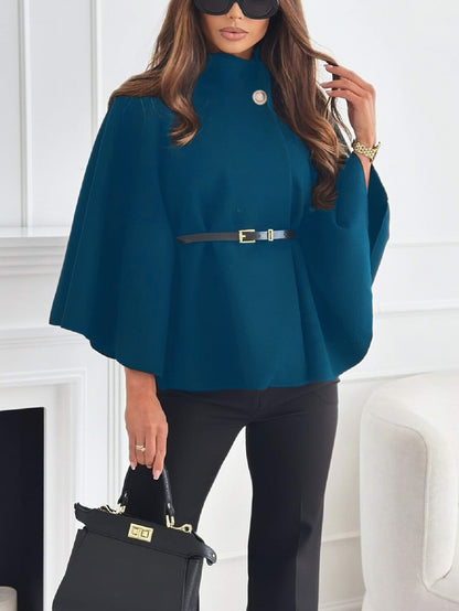 Stand-up collar, batwing sleeves, cape top, belt, fashionable, spirited jacket