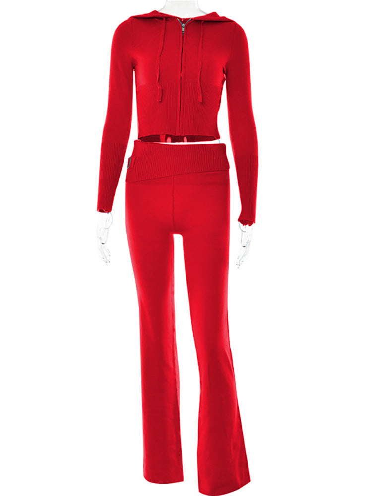 Reißverschluss Hoodie Hochtaillierte Lange Hose 2-Teiliges Set