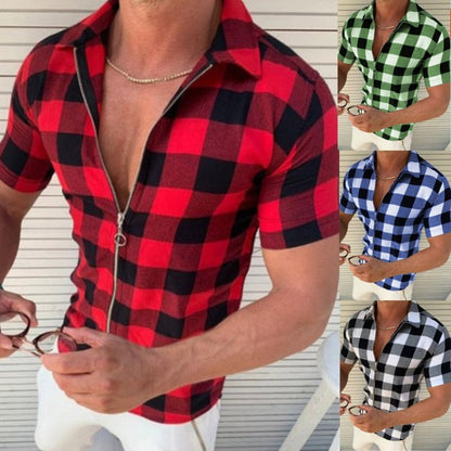 Checkered short-sleeved zip-up shirt