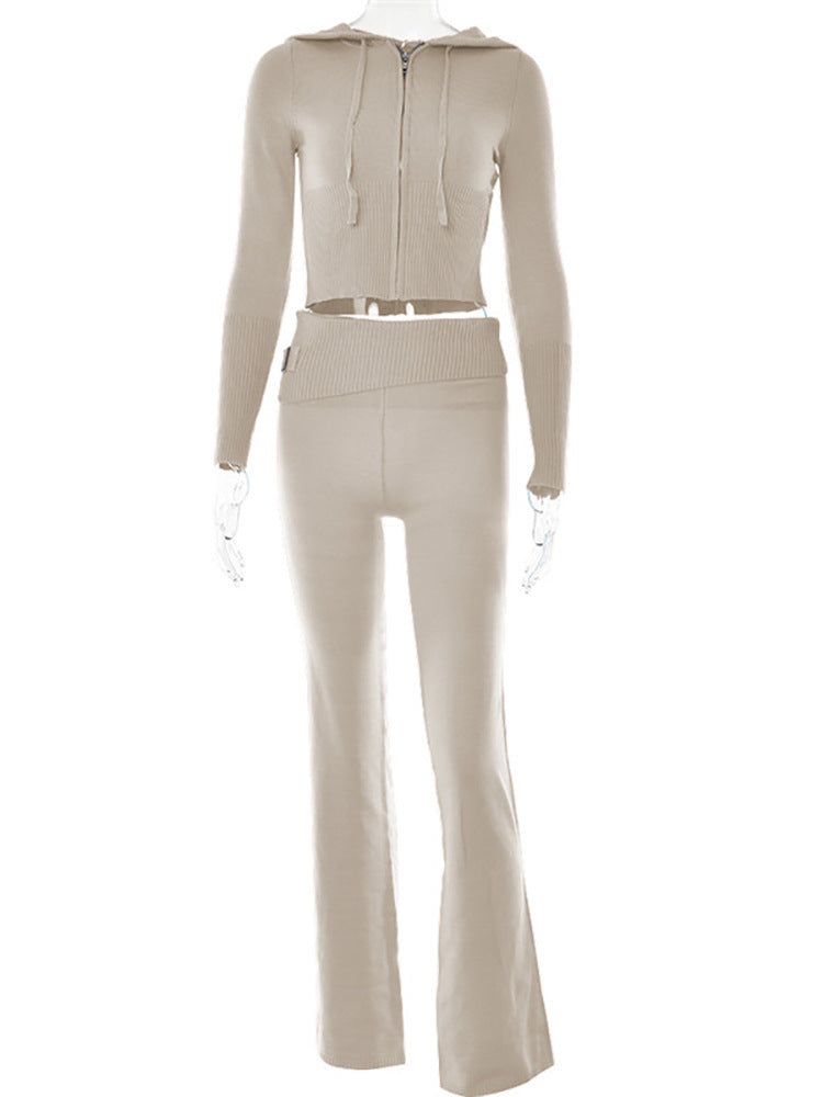 Reißverschluss Hoodie Hochtaillierte Lange Hose 2-Teiliges Set