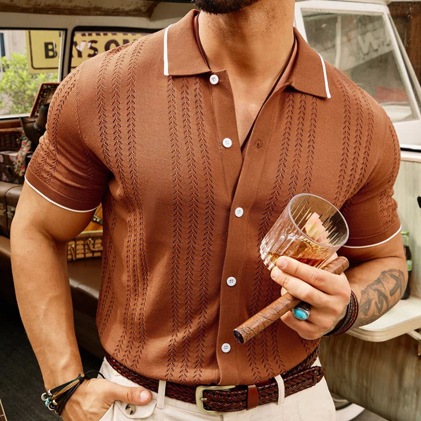 Modisch Kurzarm Knopfleiste Revers Poloshirt