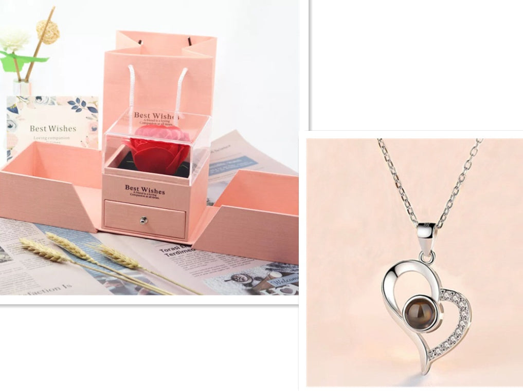 Geschenkbox Metallrose Halskette Schmuckset