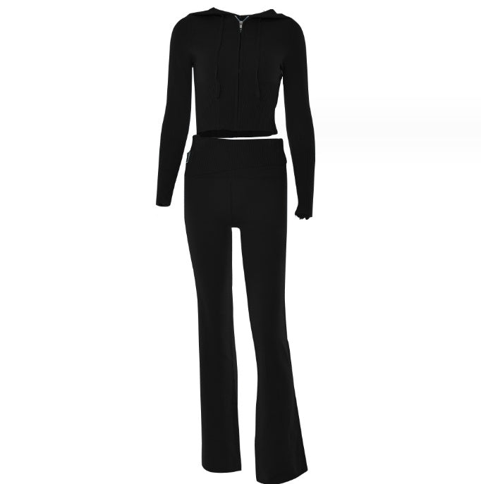 Reißverschluss Hoodie Hochtaillierte Lange Hose 2-Teiliges Set