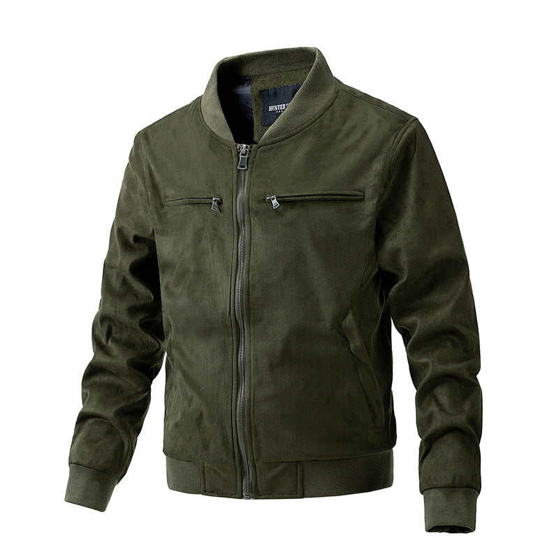 Stand-up collar, double zip pocket, suede jacket