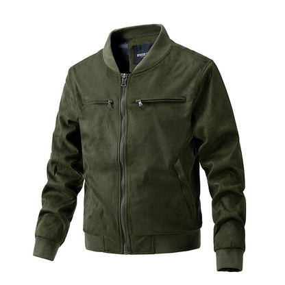 Stand-up collar, double zip pocket, suede jacket