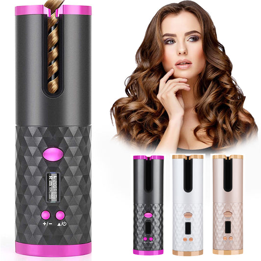 Rechargeable automatic curling iron for women, portable, with LCD display, ceramic curling function, rotating curling iron and wave shapes