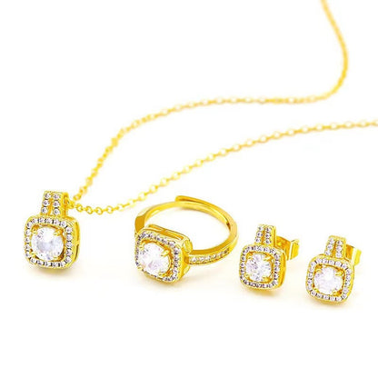 Fashion jewelry set: cubic zirconia pendant, choker necklace for women, gold-tone stud earrings, statement wedding ring