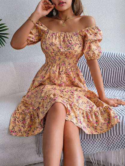 Floral pattern square collar ruffled dress