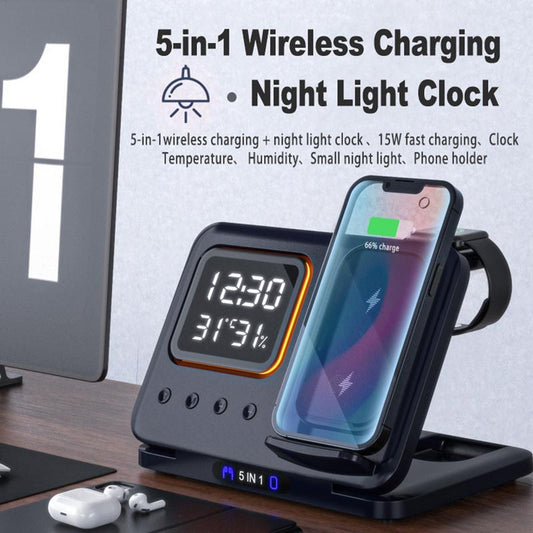 15W wireless charging station with 5-in-1 LED digital alarm clock and fast charging function