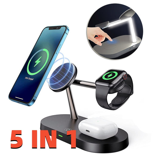 Multifunctional 5-in-1 charger with magnetic closure: wireless charging for smartwatches, headsets, mobile phones, and desktops. Includes 15W fast charging.