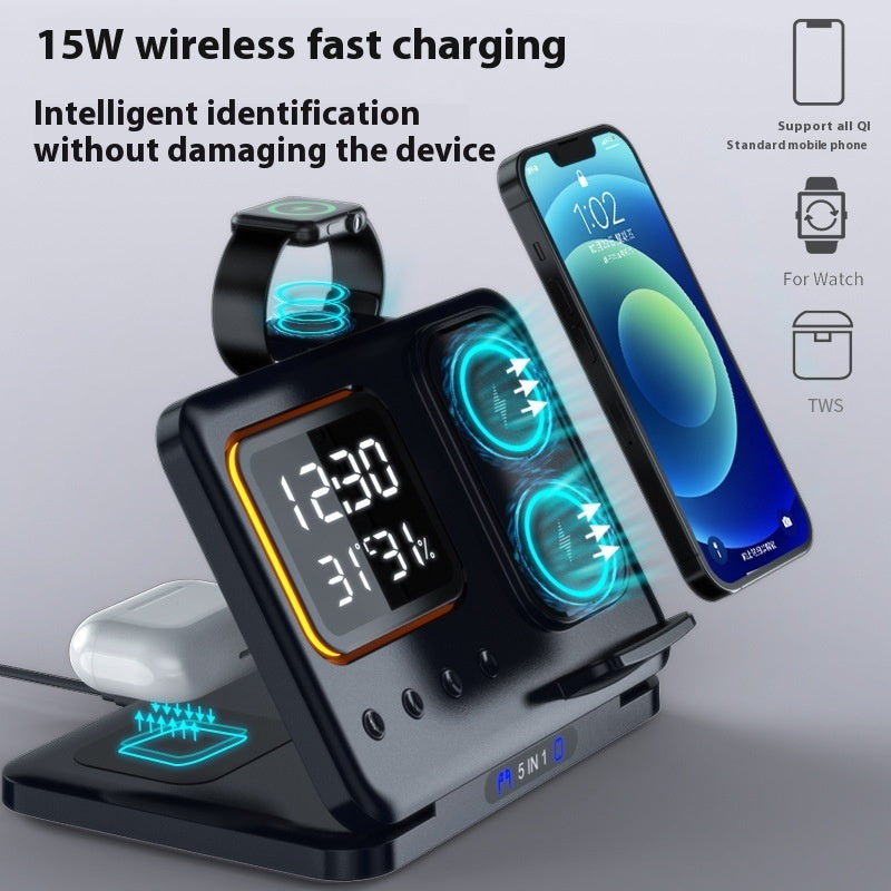 15W wireless charging station with 5-in-1 LED digital alarm clock and fast charging function
