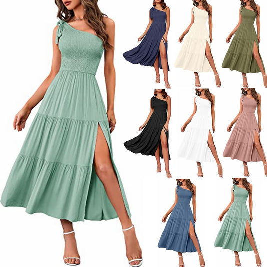 One-shoulder off-the-shoulder pleated tiered hem slit dress