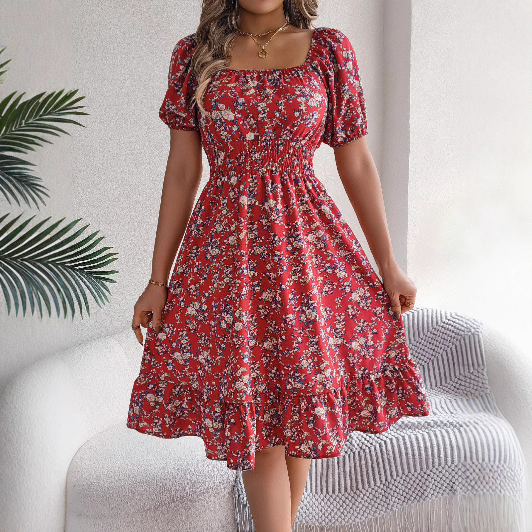 Floral pattern square collar ruffled dress