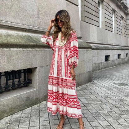 Vintage Print Boho Stil Elegant V-Ausschnitt Kleid