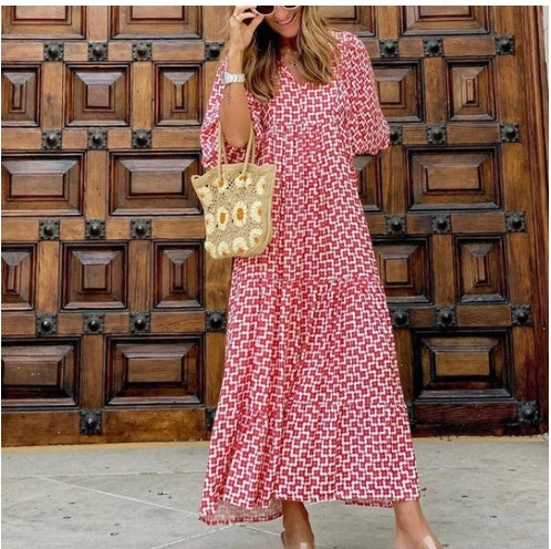 Vintage Print Boho Stil Elegant V-Ausschnitt Kleid
