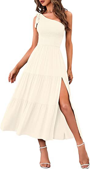 Einseitig schulterfrei plissiertes Schlitzkleid