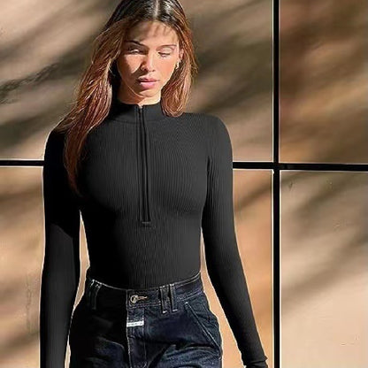 Fashionable bodysuit with long sleeves, zipper, seamless, figure-shaping, figure-flattering