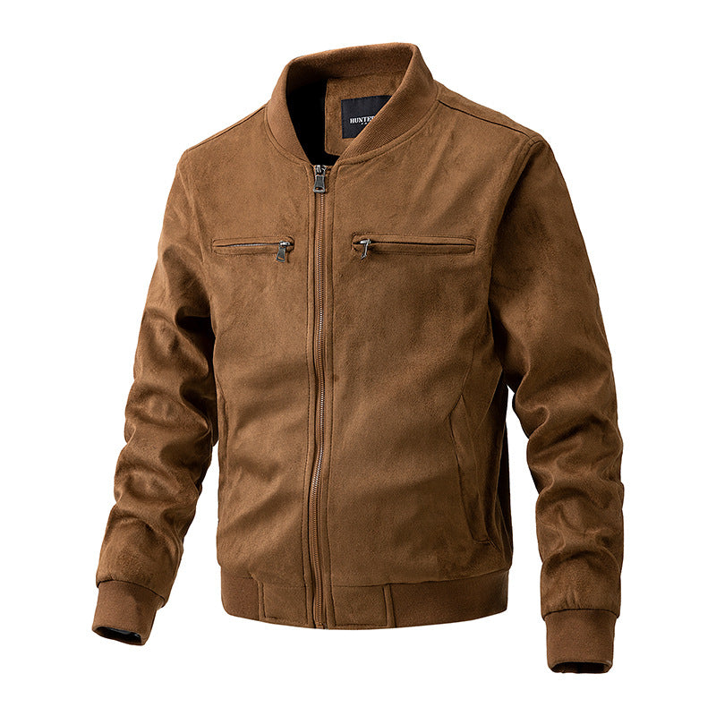 Stand-up collar, double zip pocket, suede jacket