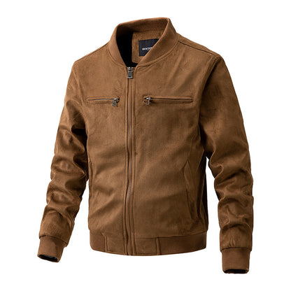 Stand-up collar, double zip pocket, suede jacket