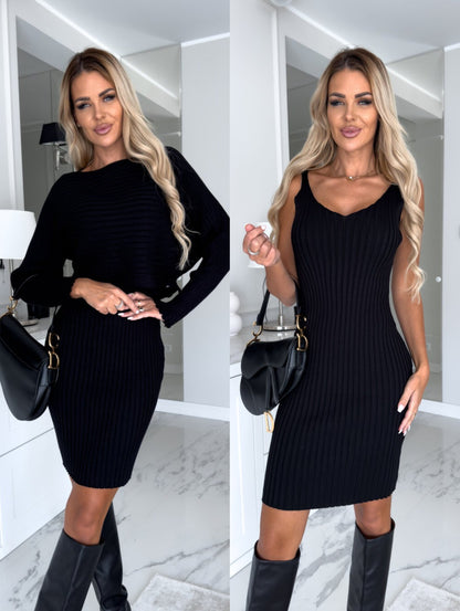 2-piece women's suit: Long-sleeved striped top and fitted pinafore dress – fashionable, figure-hugging autumn/winter clothing