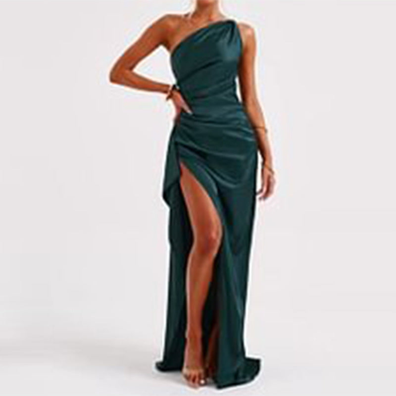 Sexy, off-the-shoulder, backless summer dress with a slit – elegant, figure-hugging, solid color, made of satin for women
