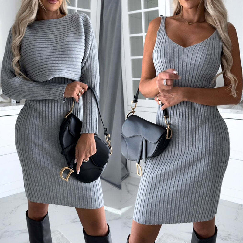 2-piece women's suit: Long-sleeved striped top and fitted pinafore dress – fashionable, figure-hugging autumn/winter clothing