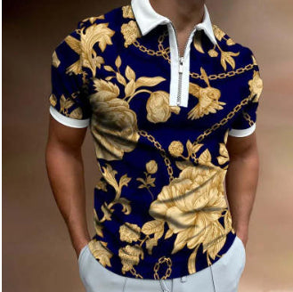 Gestreiftes, bedrucktes Kurzarm-Revers-Poloshirt