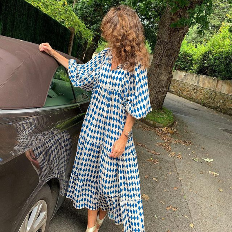 Vintage Print Boho Stil Elegant V-Ausschnitt Kleid