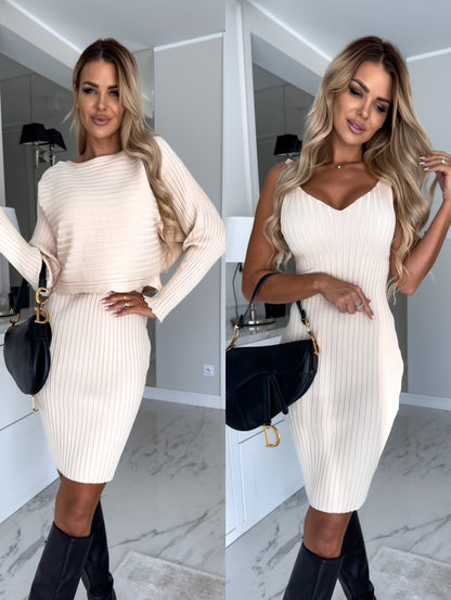 2-piece women's suit: Long-sleeved striped top and fitted pinafore dress – fashionable, figure-hugging autumn/winter clothing