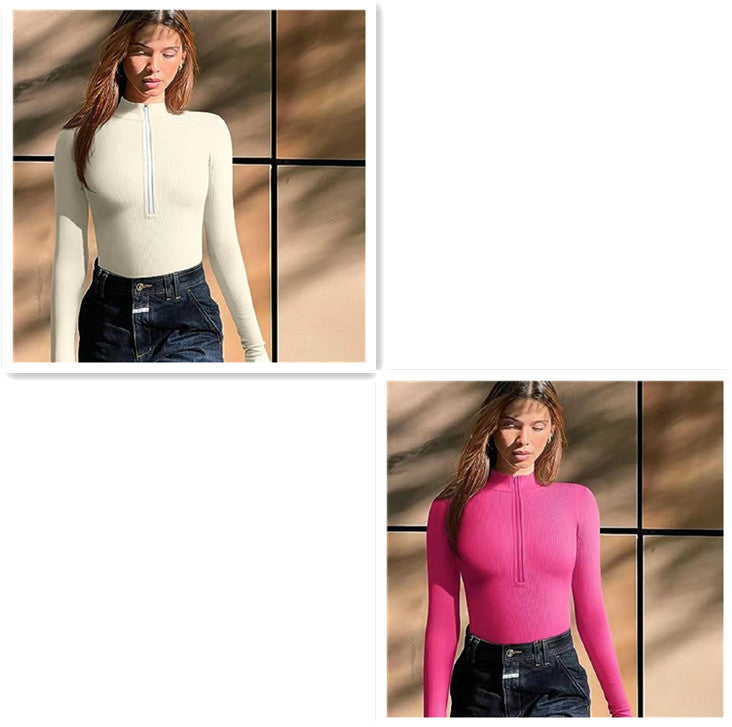Fashionable bodysuit with long sleeves, zipper, seamless, figure-shaping, figure-flattering