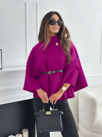 Stand-up collar, batwing sleeves, cape top, belt, fashionable, spirited jacket