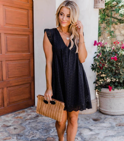 Jacquard V-Ausschnitt Tasche Cut Out Spitzen Kleid