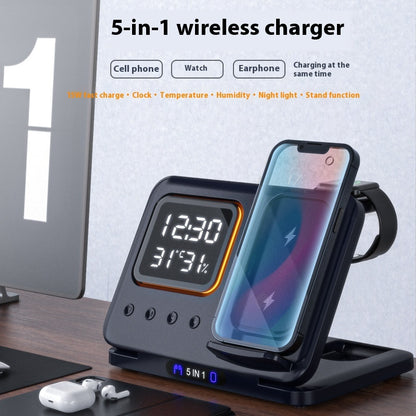 15W wireless charging station with 5-in-1 LED digital alarm clock and fast charging function