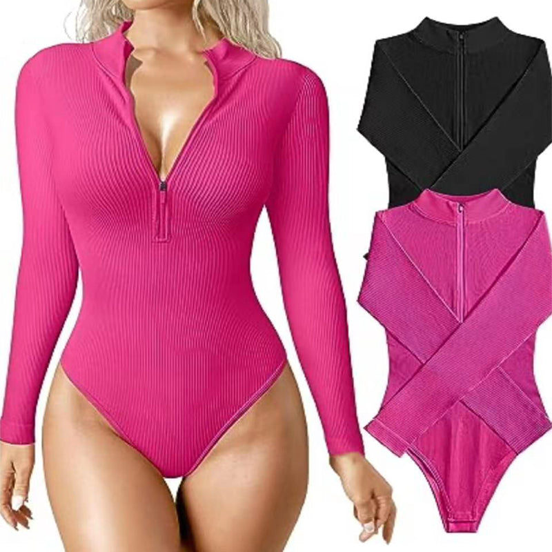 Fashionable bodysuit with long sleeves, zipper, seamless, figure-shaping, figure-flattering