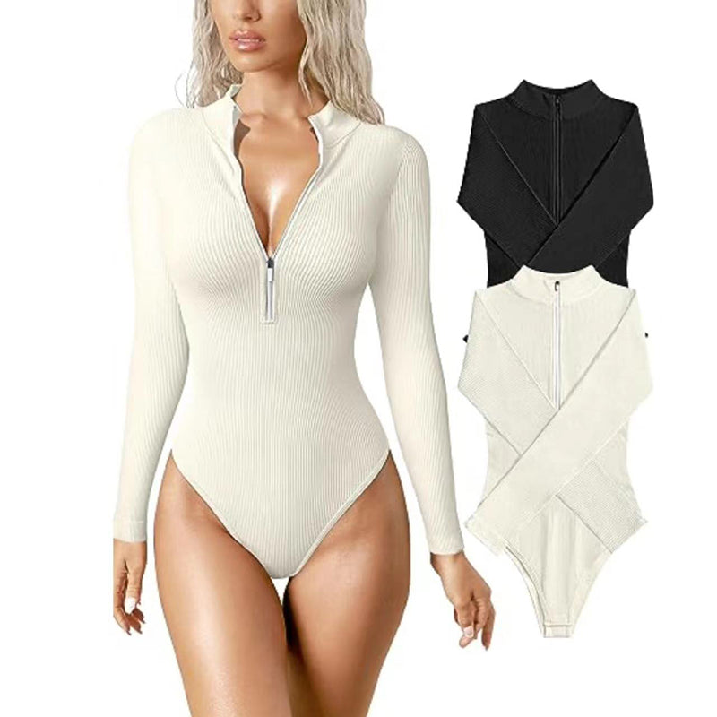 Fashionable bodysuit with long sleeves, zipper, seamless, figure-shaping, figure-flattering