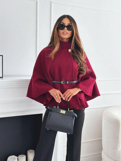 Stand-up collar, batwing sleeves, cape top, belt, fashionable, spirited jacket
