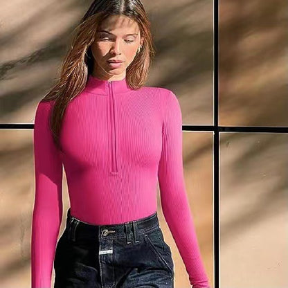 Fashionable bodysuit with long sleeves, zipper, seamless, figure-shaping, figure-flattering