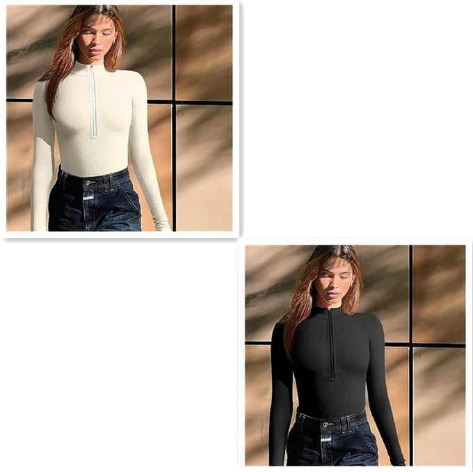 Fashionable bodysuit with long sleeves, zipper, seamless, figure-shaping, figure-flattering