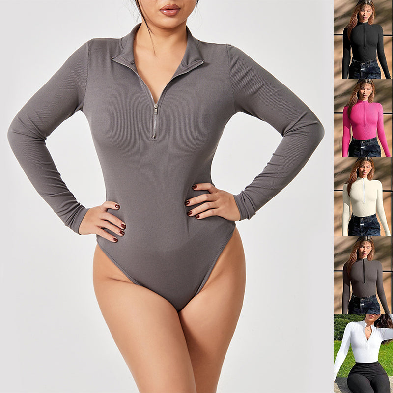 Fashionable bodysuit with long sleeves, zipper, seamless, figure-shaping, figure-flattering