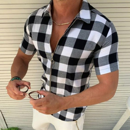 Checkered short-sleeved zip-up shirt